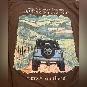 Simply Southern Brown Tee with Blue Jeep and Green Scenic Print - Size L